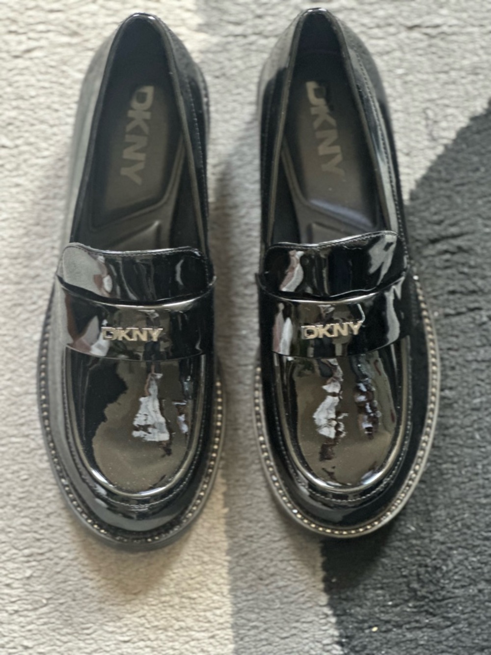 DKNY Black Patent Leather Penny Loafers with Gold Logo - Picture 3 of 4